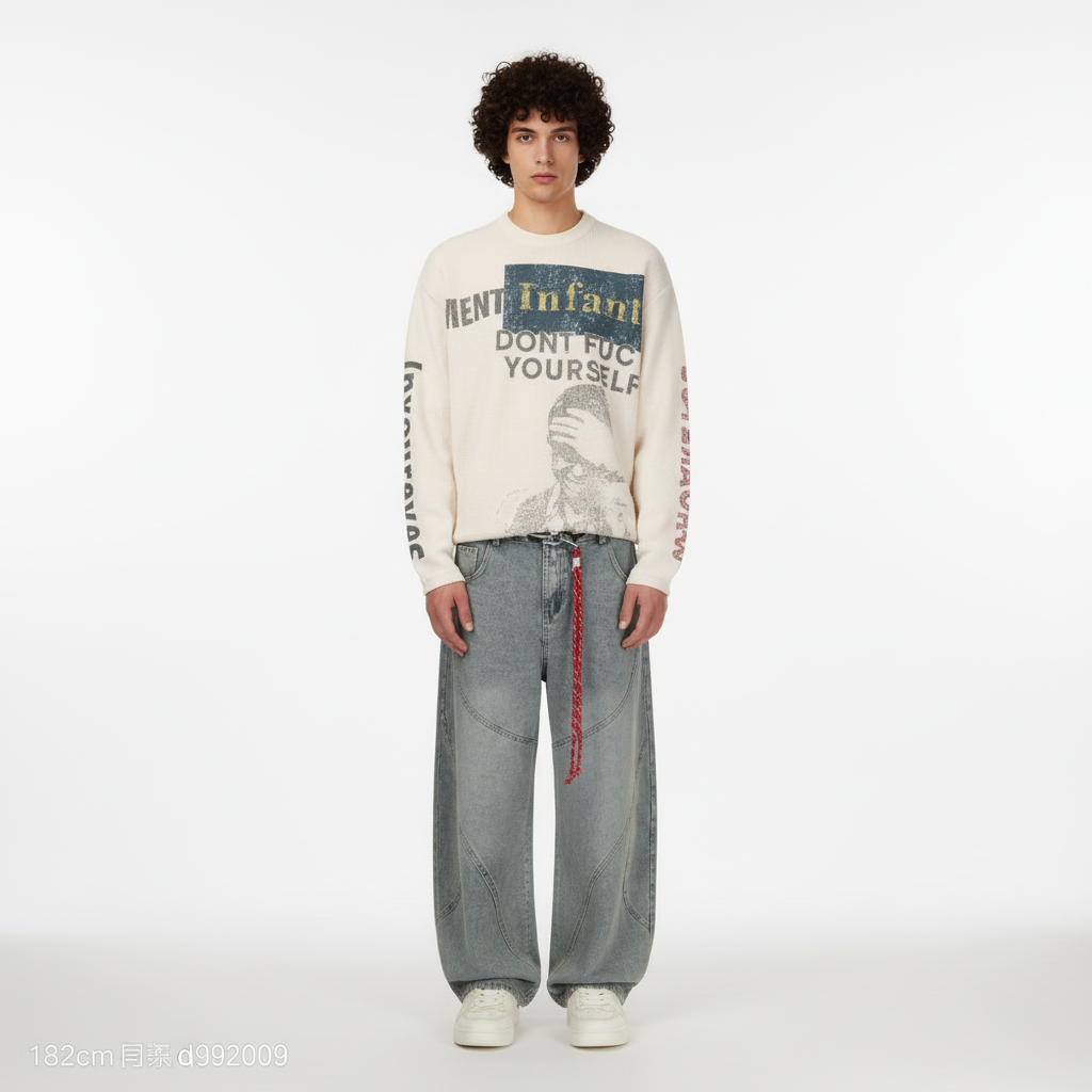 Retro Patchwork Barrel Jeans - Blue