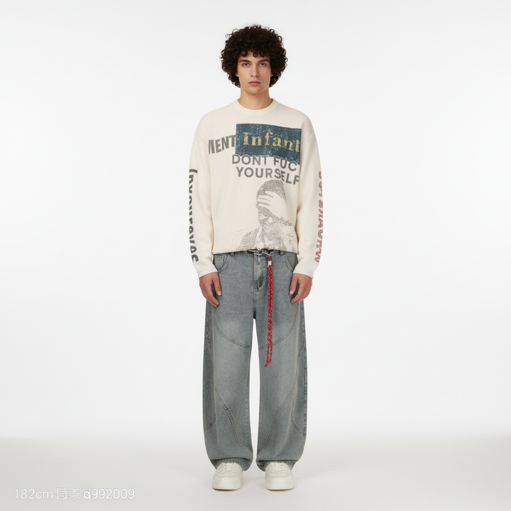 Retro Patchwork Barrel Jeans - Blue