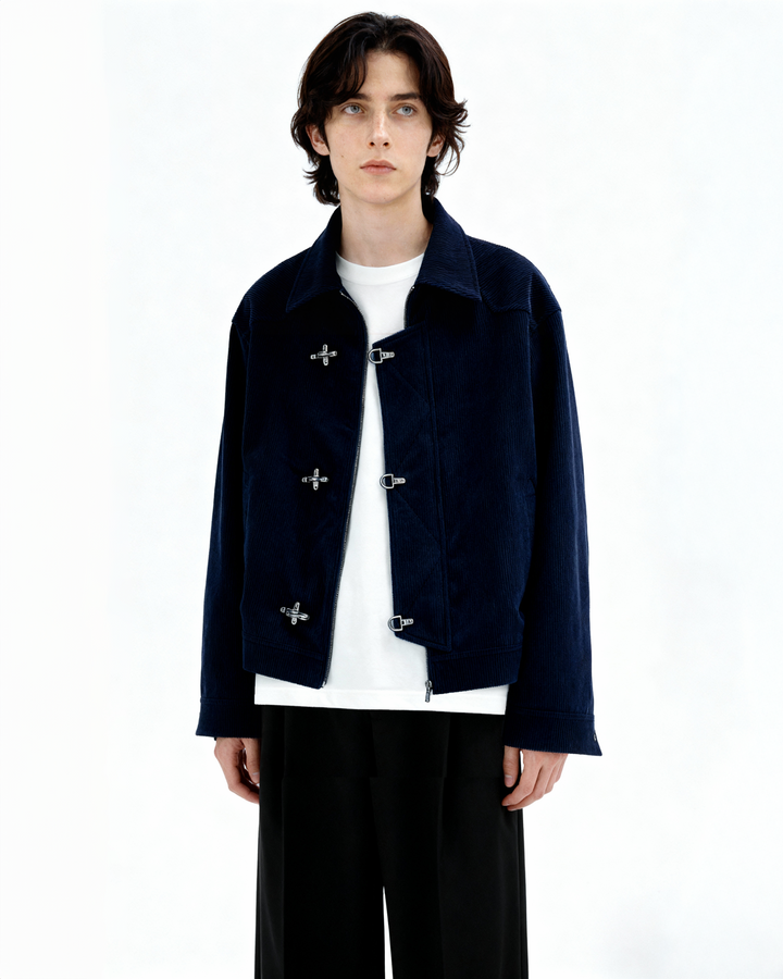 Fireman Clasp-Buckle Corduroy Collared Jacket