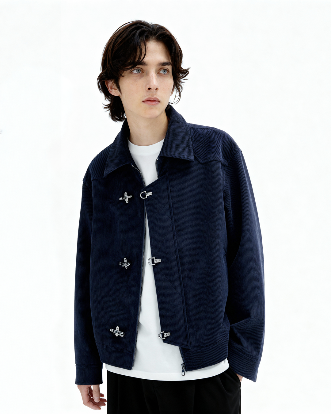 Fireman Clasp-Buckle Corduroy Collared Jacket
