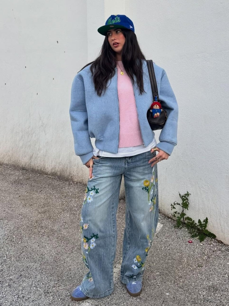 NEWGRMNTS Baggy Washed Flower Denim Jeans