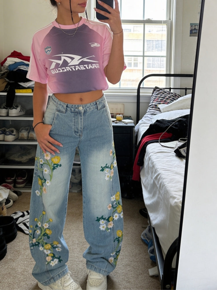 NEWGRMNTS Baggy Washed Flower Denim Jeans