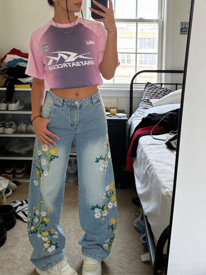 NEWGRMNTS Baggy Washed Flower Denim Jeans