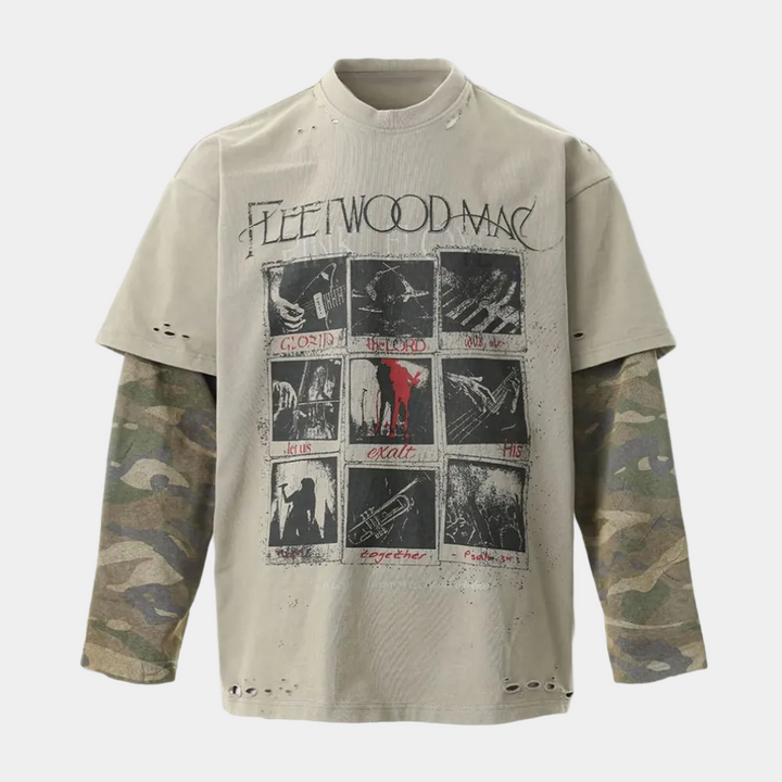 Jersey Distressed Camouflage Faux Two-Piece Graphic T-Shirt