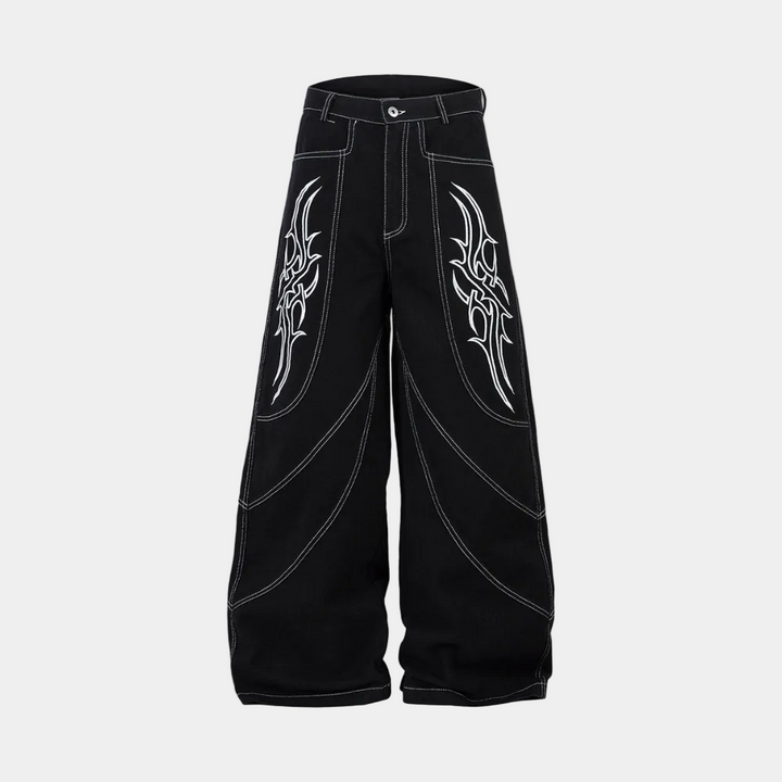Deconstructed Contrast Embroidered Baggy Jeans