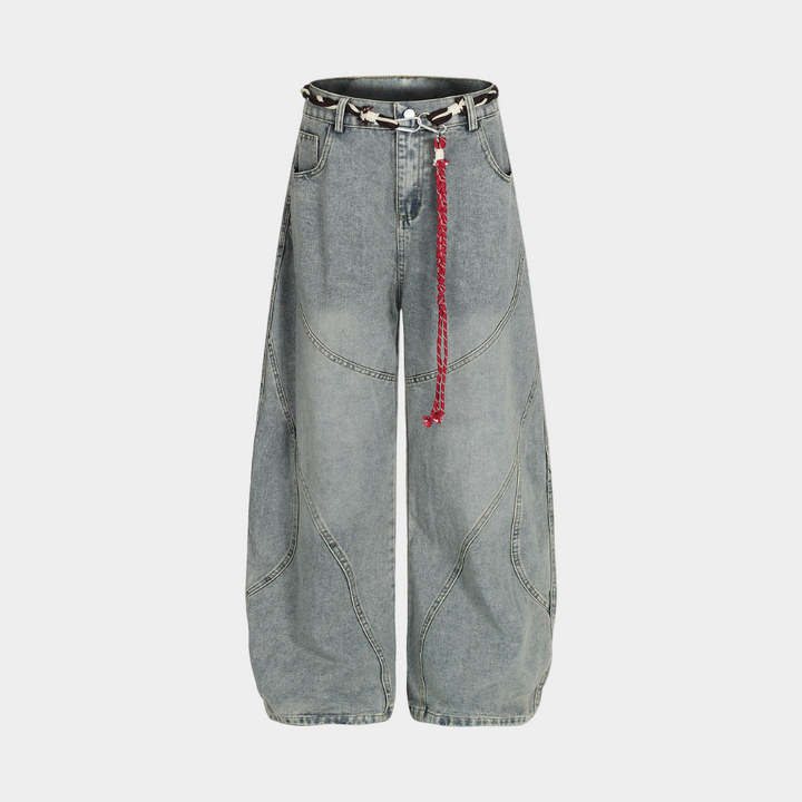 Retro Patchwork Barrel Jeans - Blue