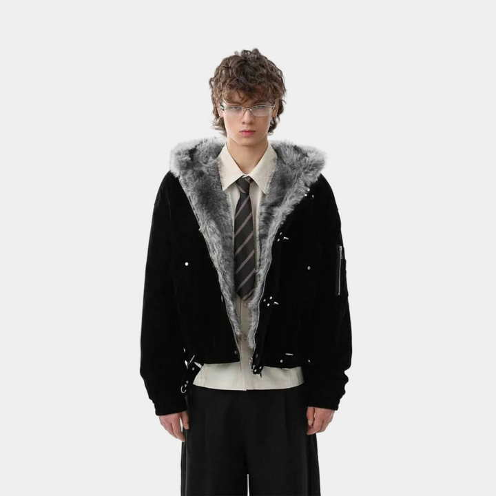 Streetwear Metal Clip Faux Fur Hooded Suede Bomber Jacket