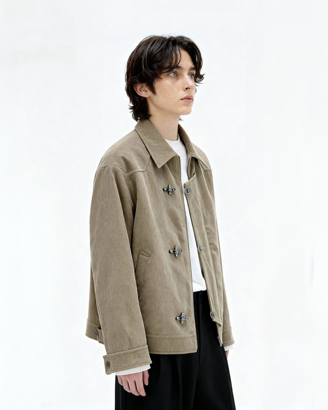 Fireman Clasp-Buckle Corduroy Collared Jacket