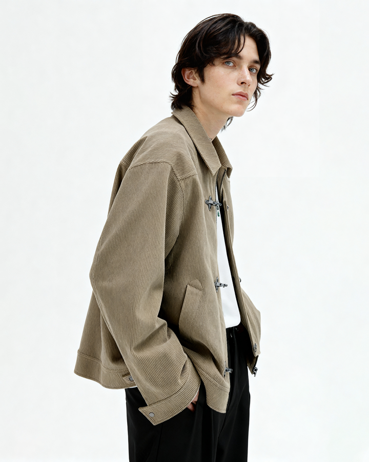 Fireman Clasp-Buckle Corduroy Collared Jacket