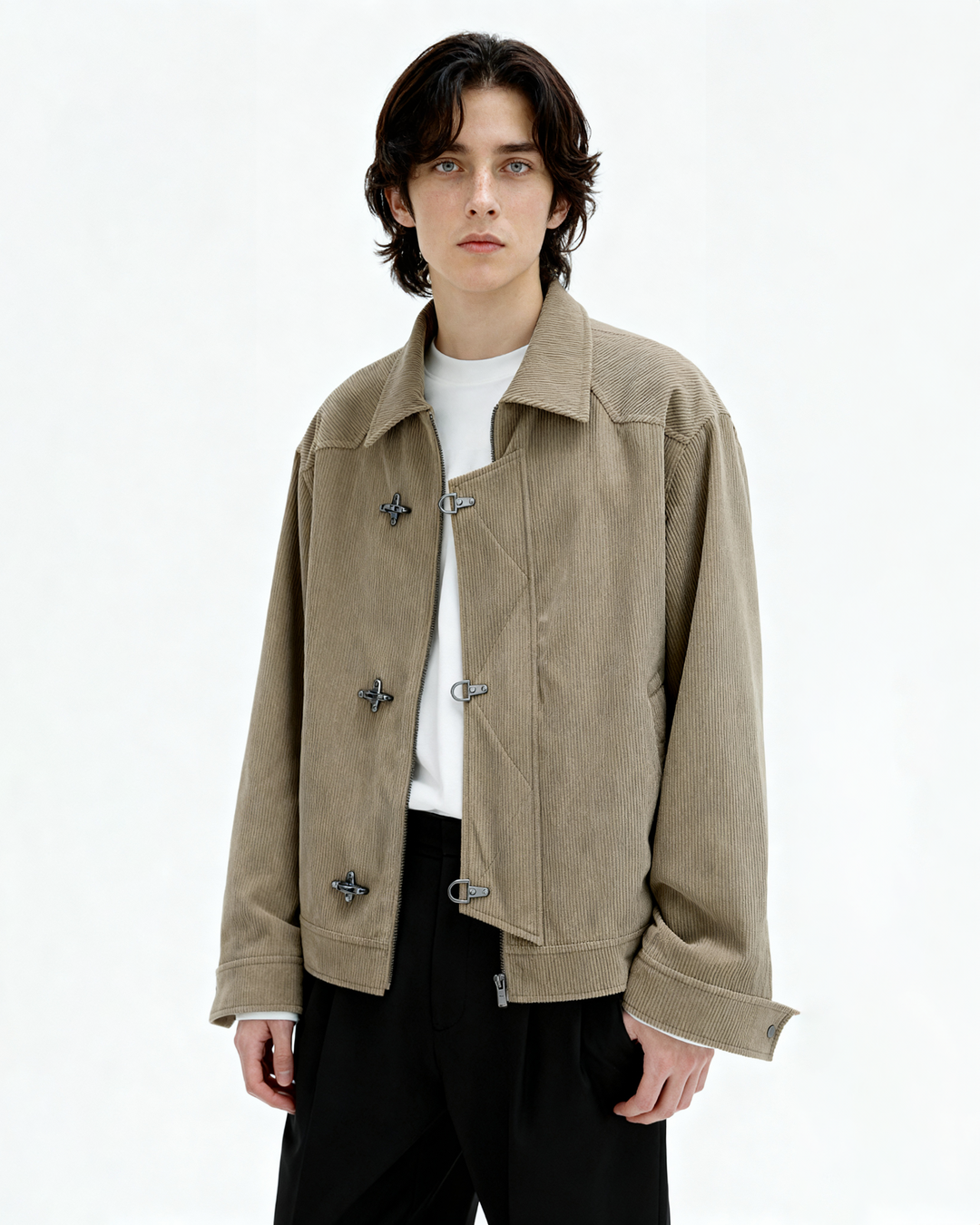 Fireman Clasp-Buckle Corduroy Collared Jacket