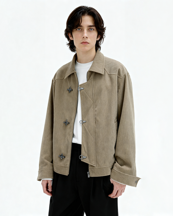 Fireman Clasp-Buckle Corduroy Collared Jacket