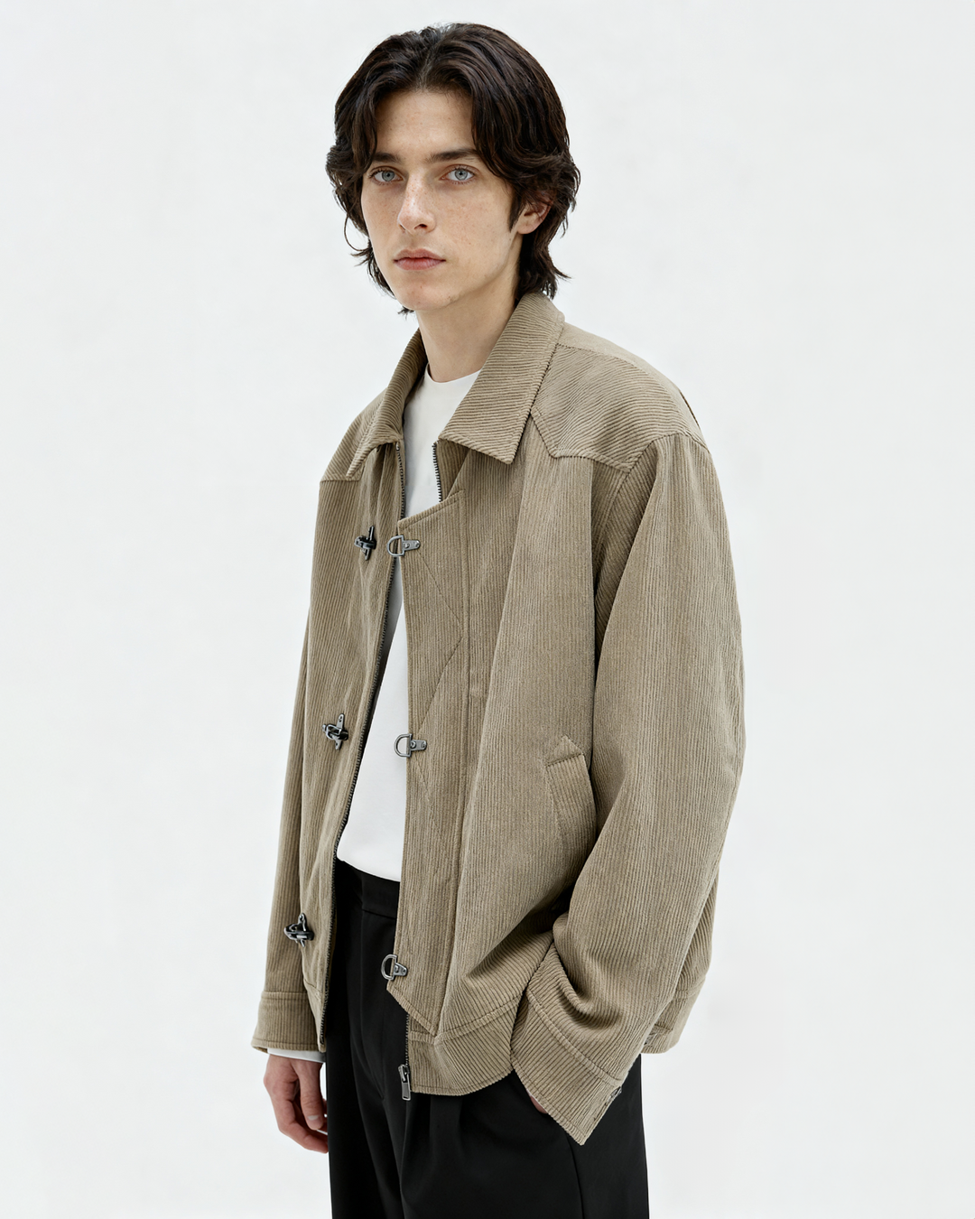 Fireman Clasp-Buckle Corduroy Collared Jacket