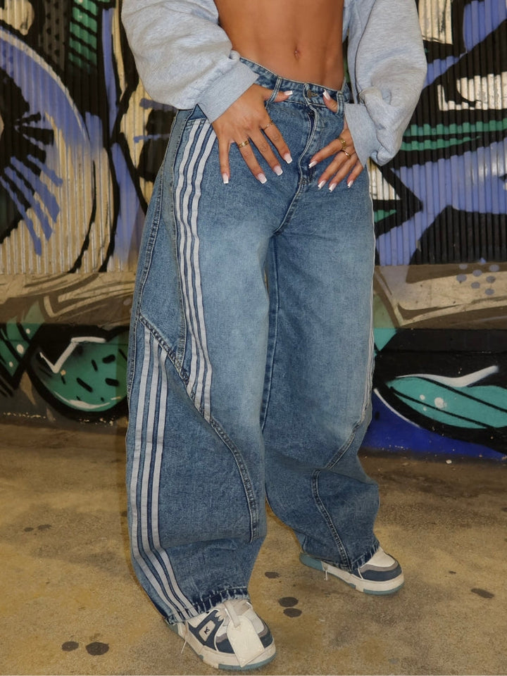 NEWGRMNTS Striped Barrel Denim Jeans