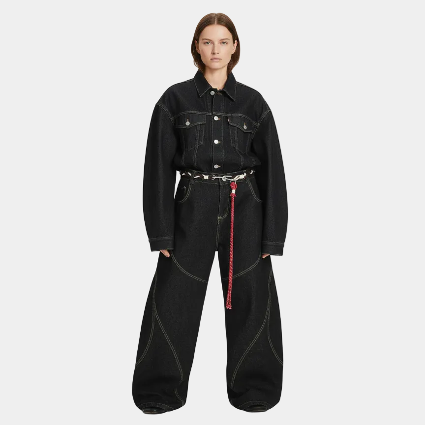 Denim Retro Belt Detail With Patchwork Barrel Jeans - 2490