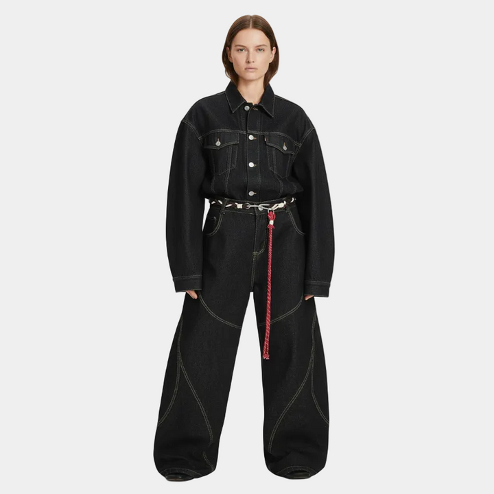 Denim Retro Belt Detail With Patchwork Barrel Jeans - 2490