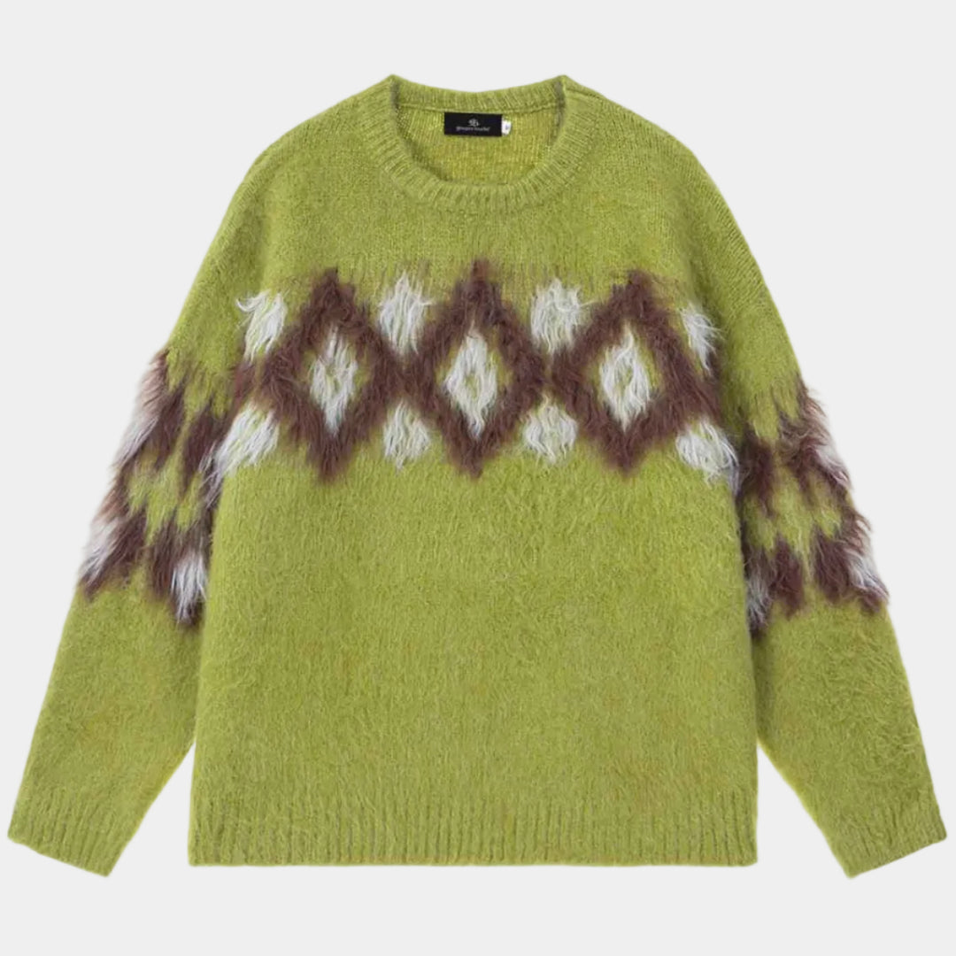 Retro Fuzzy Argyle Jacquard Knit Sweater