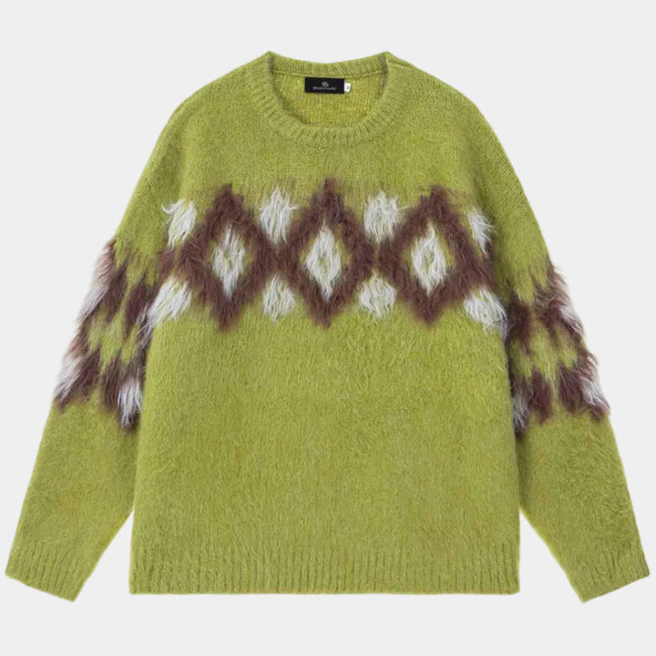 Retro Fuzzy Argyle Jacquard Knit Sweater