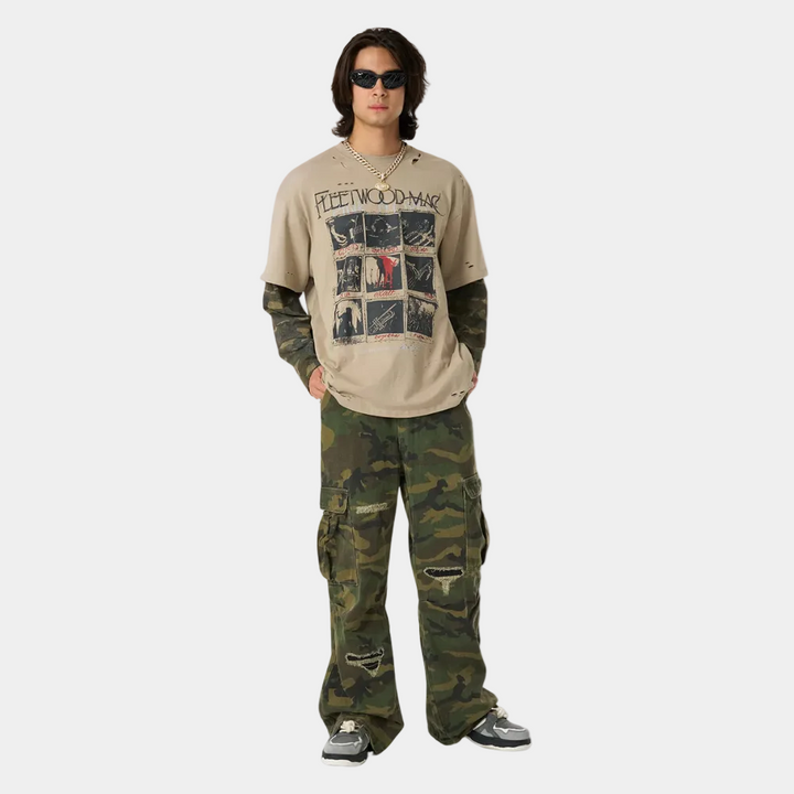 Jersey Distressed Camouflage Faux Two-Piece Graphic T-Shirt