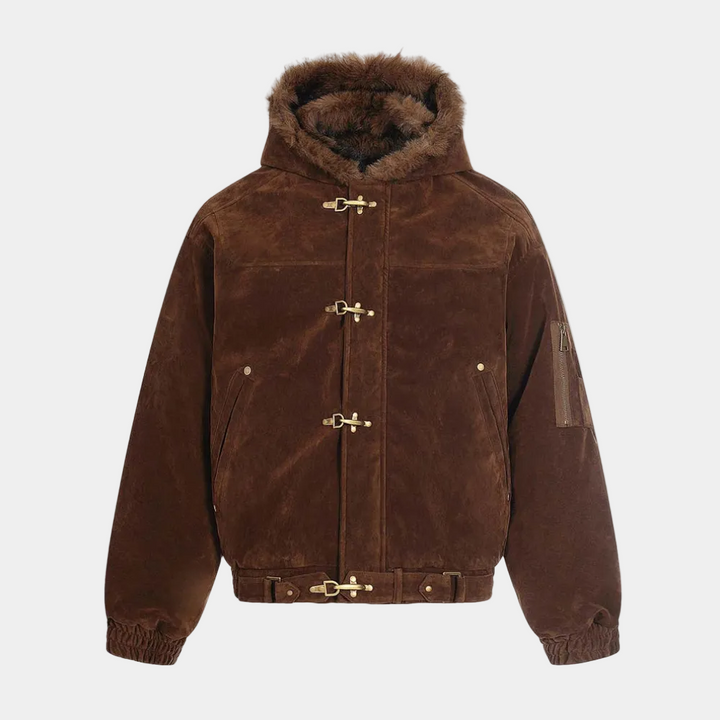 Streetwear Metal Clip Faux Fur Hooded Suede Bomber Jacket