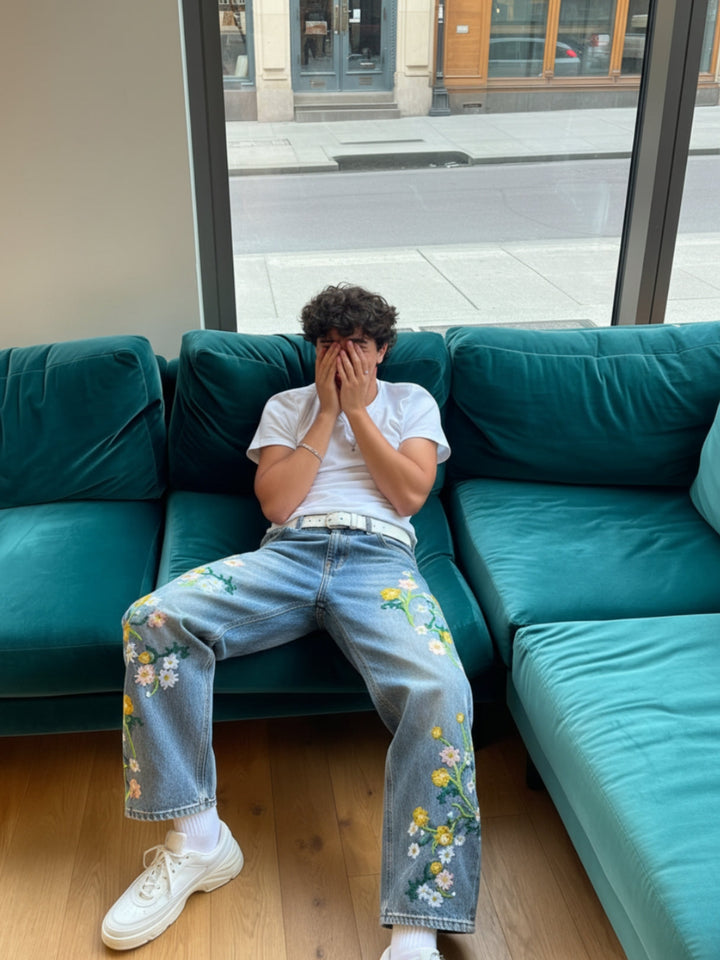 NEWGRMNTS Baggy Washed Flower Denim Jeans