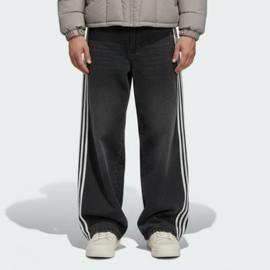 Embroidered Striped Baggy Jeans