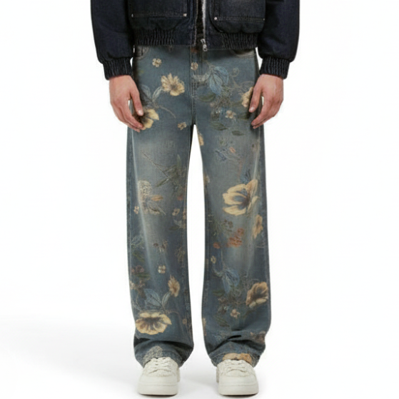Denim Floral Print Jeans