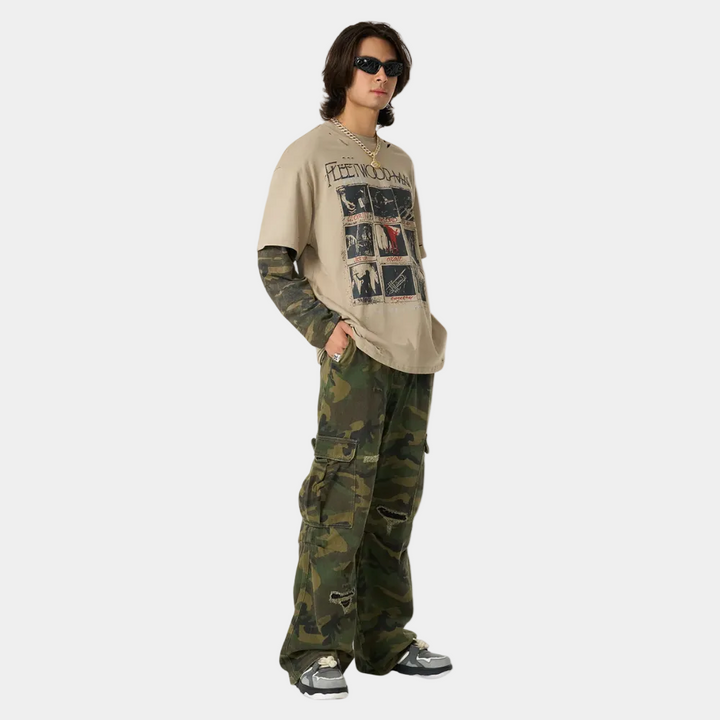 Jersey Distressed Camouflage Faux Two-Piece Graphic T-Shirt