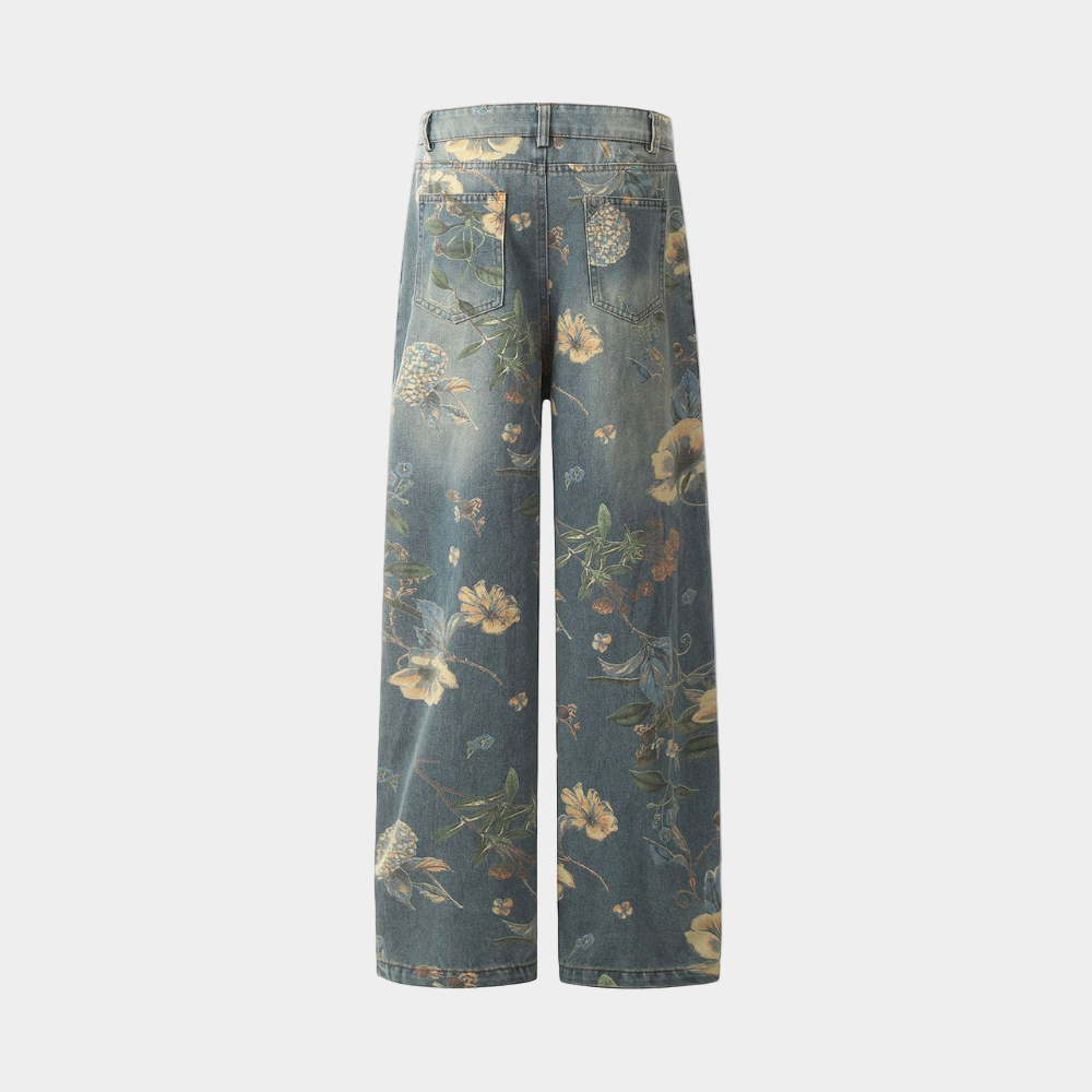 Denim Floral Print Jeans