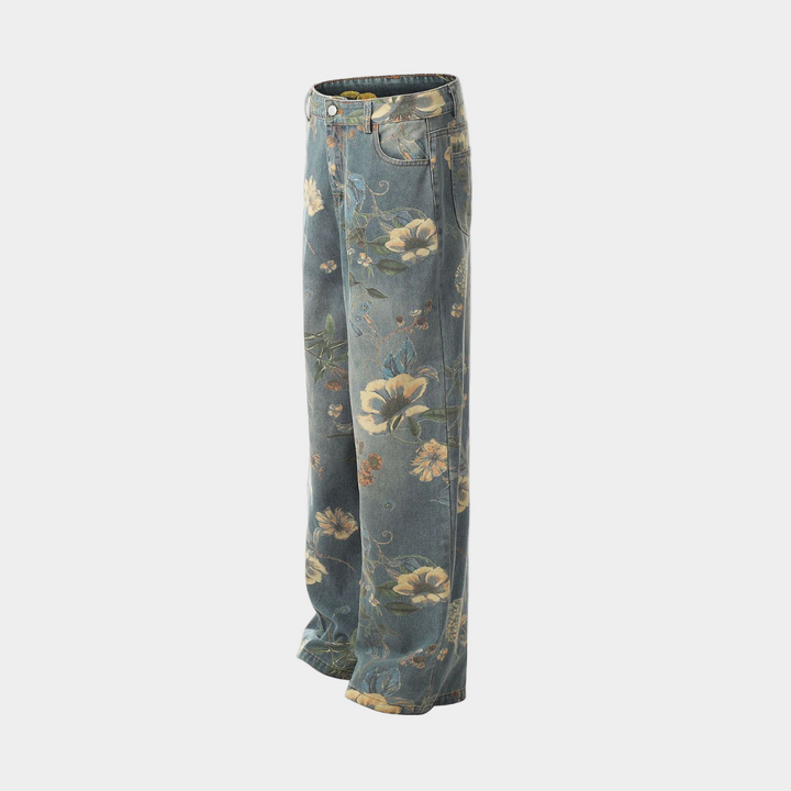 Denim Floral Print Jeans