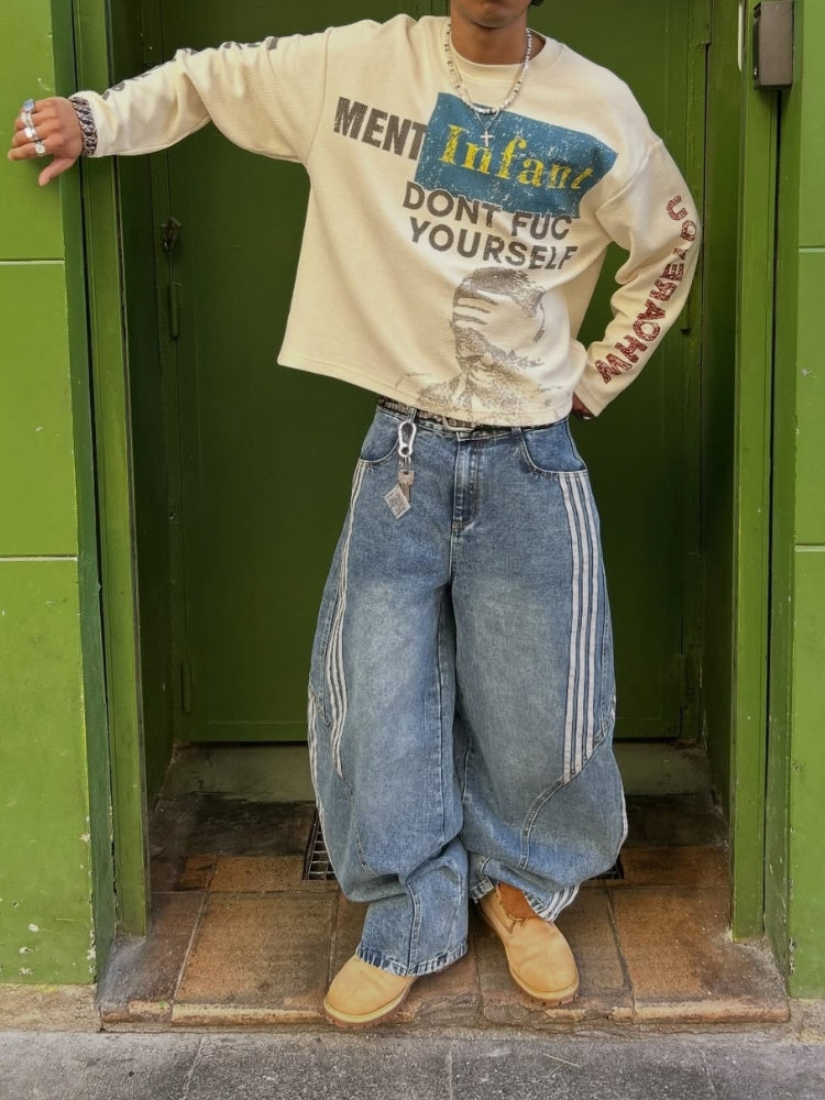 NEWGRMNTS Striped Barrel Denim Jeans