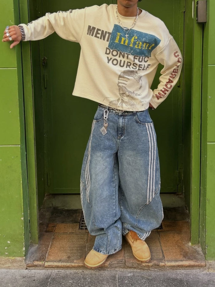 NEWGRMNTS Striped Barrel Denim Jeans