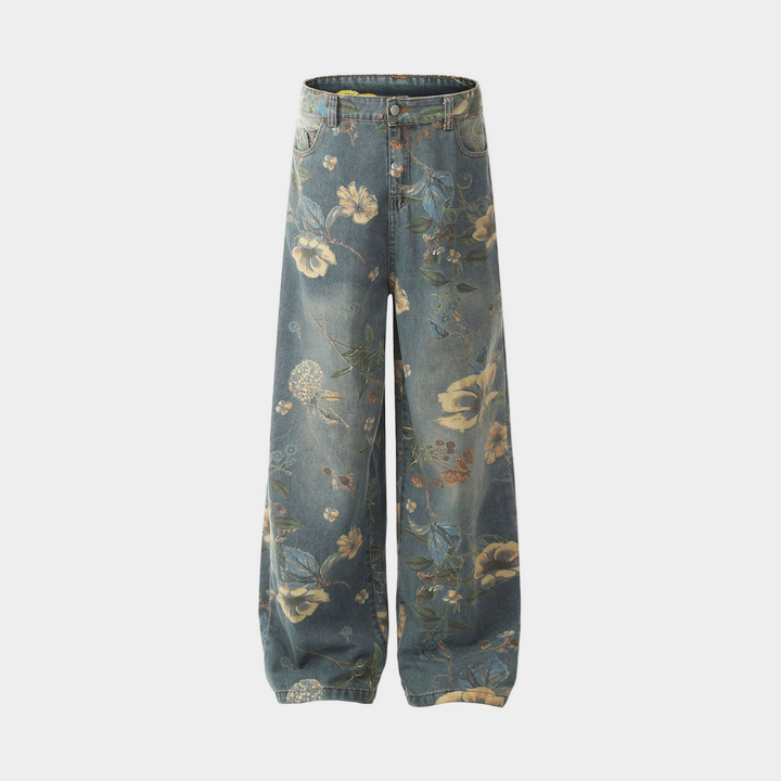 Denim Floral Print Jeans