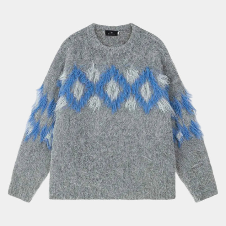 Retro Fuzzy Argyle Jacquard Knit Sweater