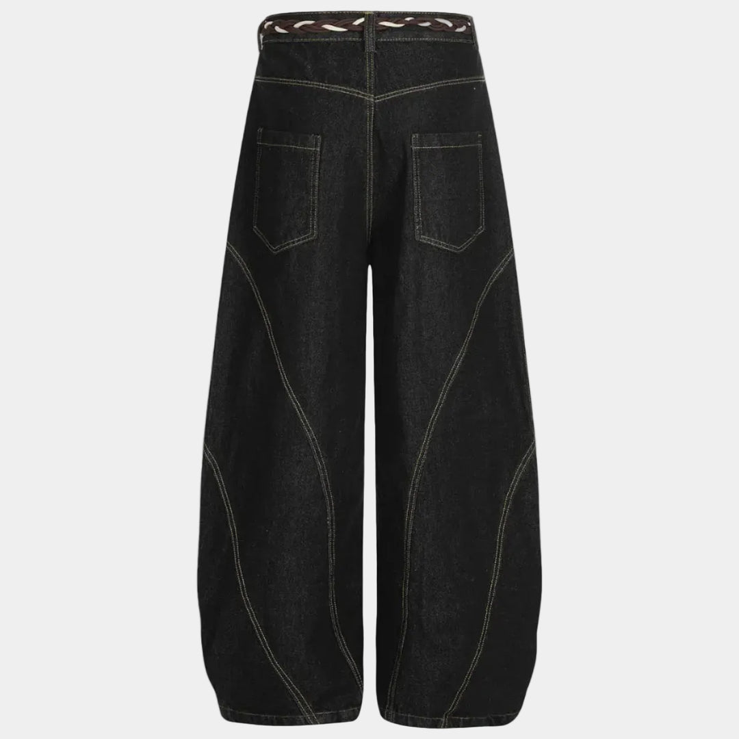 Denim Retro Belt Detail With Patchwork Barrel Jeans - 2490