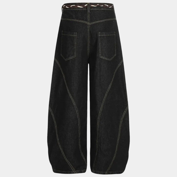 Denim Retro Belt Detail With Patchwork Barrel Jeans - 2490