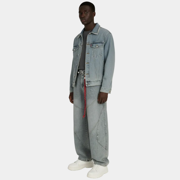 Denim Retro Belt Detail With Patchwork Barrel Jeans - 2490