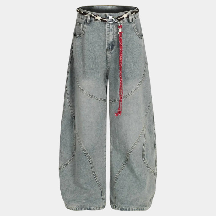 Denim Retro Belt Detail With Patchwork Barrel Jeans - 2490