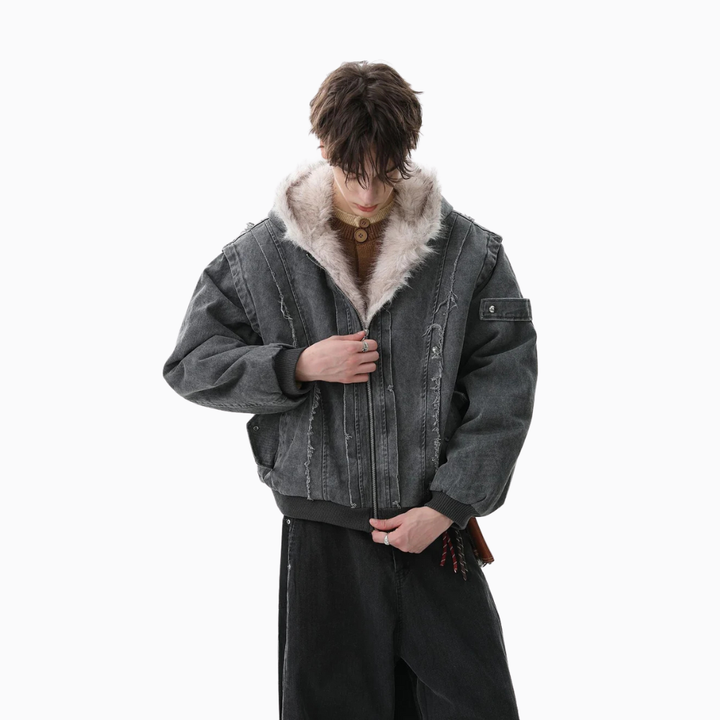 Retro Washed Fleece-lined Hooded Work Jacket