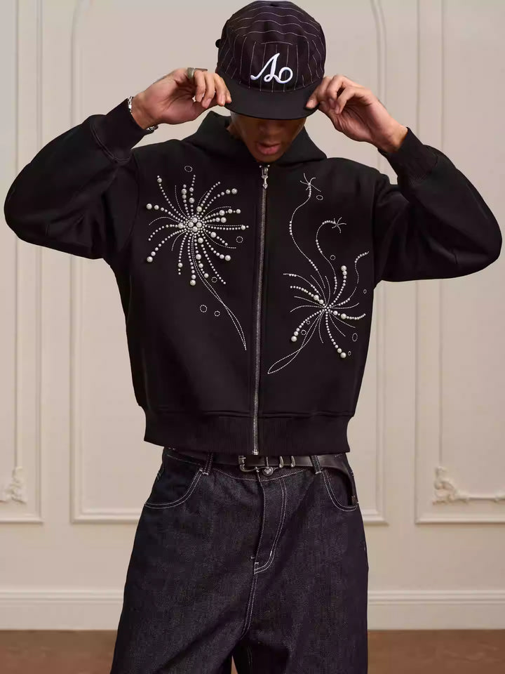 'Real Pearl' Heavyweight Zipped Hoodie - Black