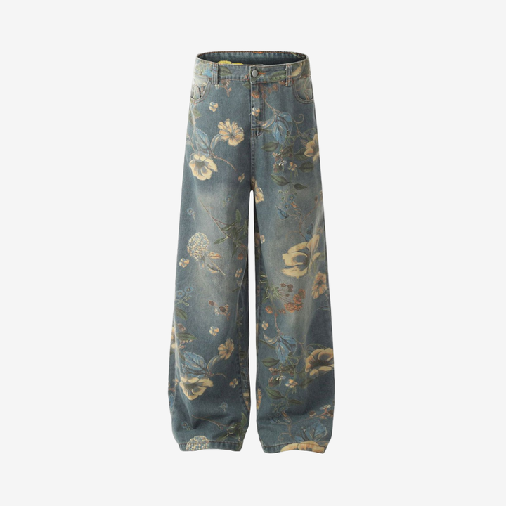 Denim Floral Print Jeans