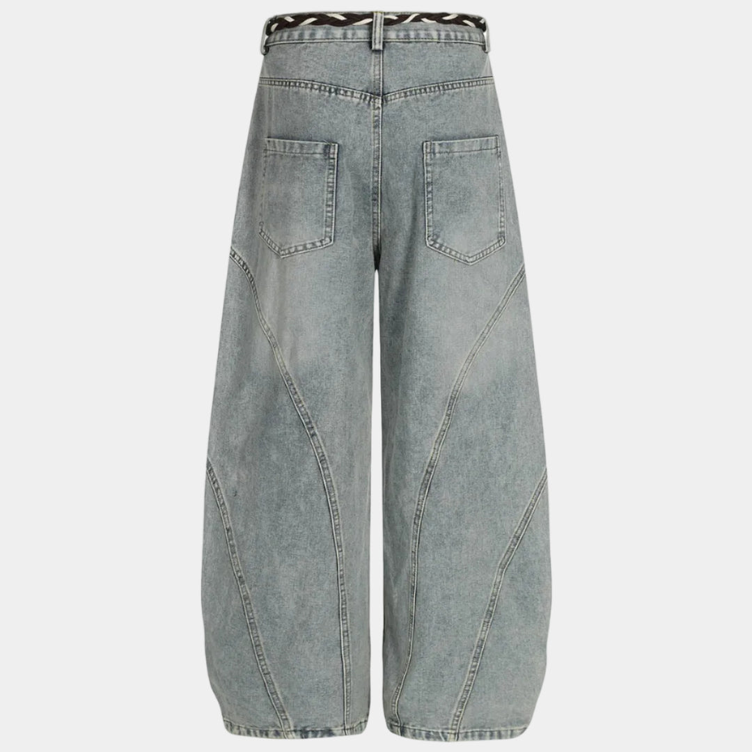 Denim Retro Belt Detail With Patchwork Barrel Jeans - 2490