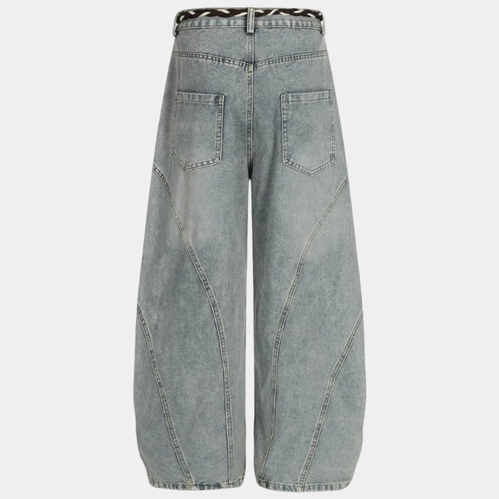 Denim Retro Belt Detail With Patchwork Barrel Jeans - 2490