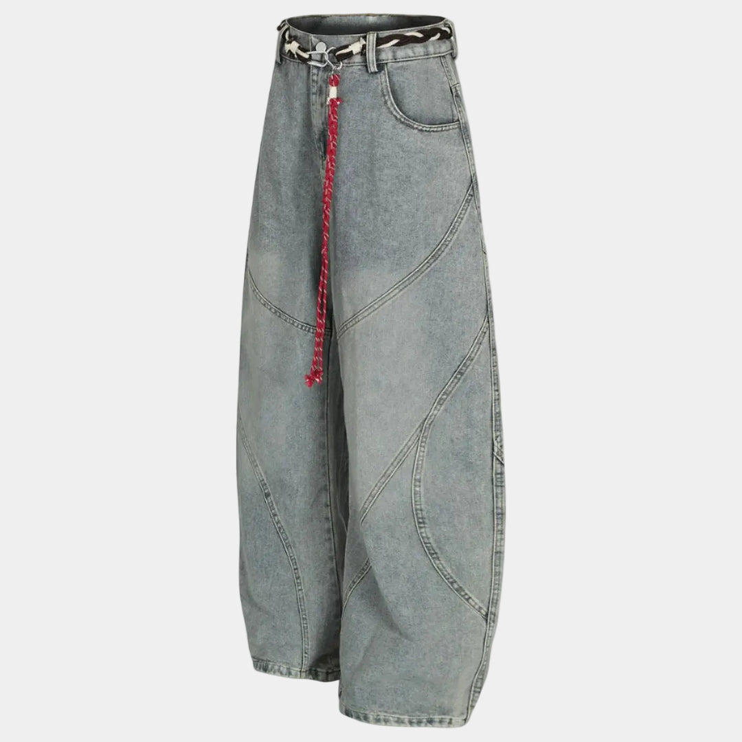 Denim Retro Belt Detail With Patchwork Barrel Jeans - 2490