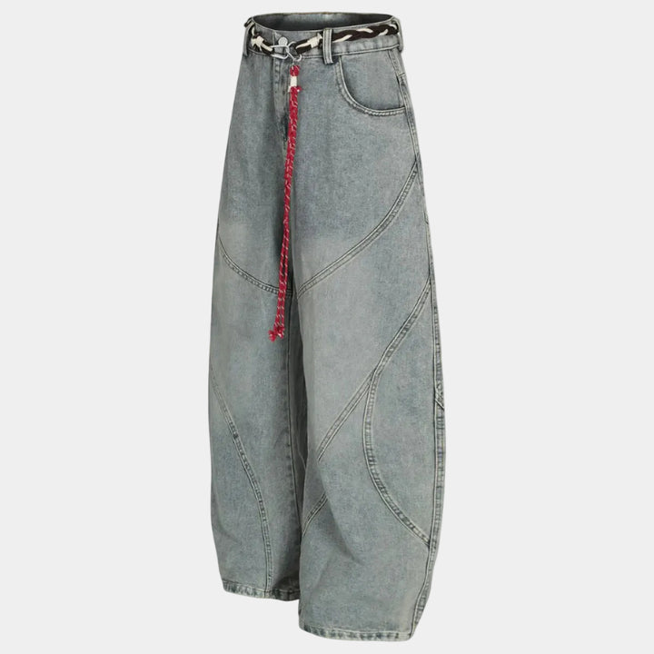 Denim Retro Belt Detail With Patchwork Barrel Jeans - 2490