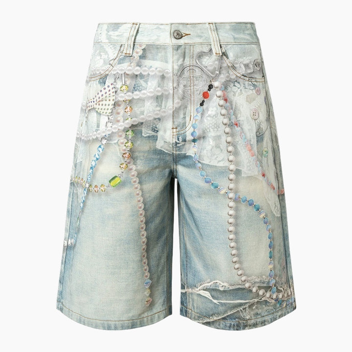3D Pearl Chain Denim Shorts