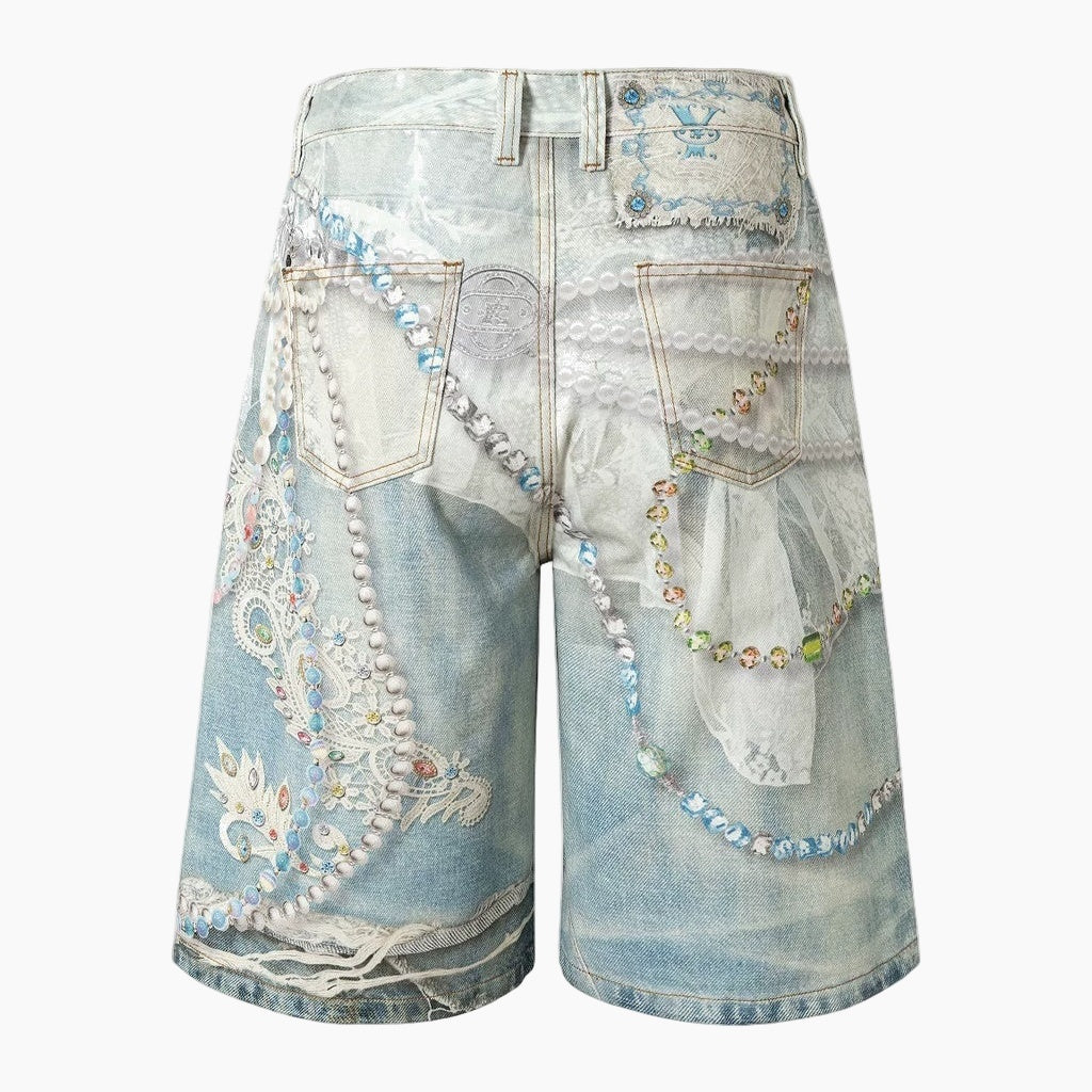 3D Pearl Chain Denim Shorts