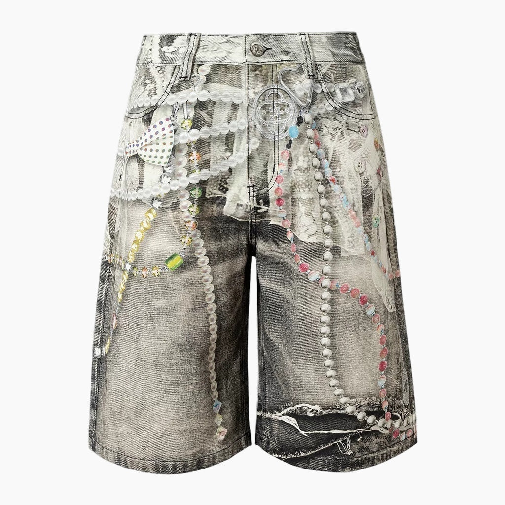 3D Pearl Chain Denim Shorts