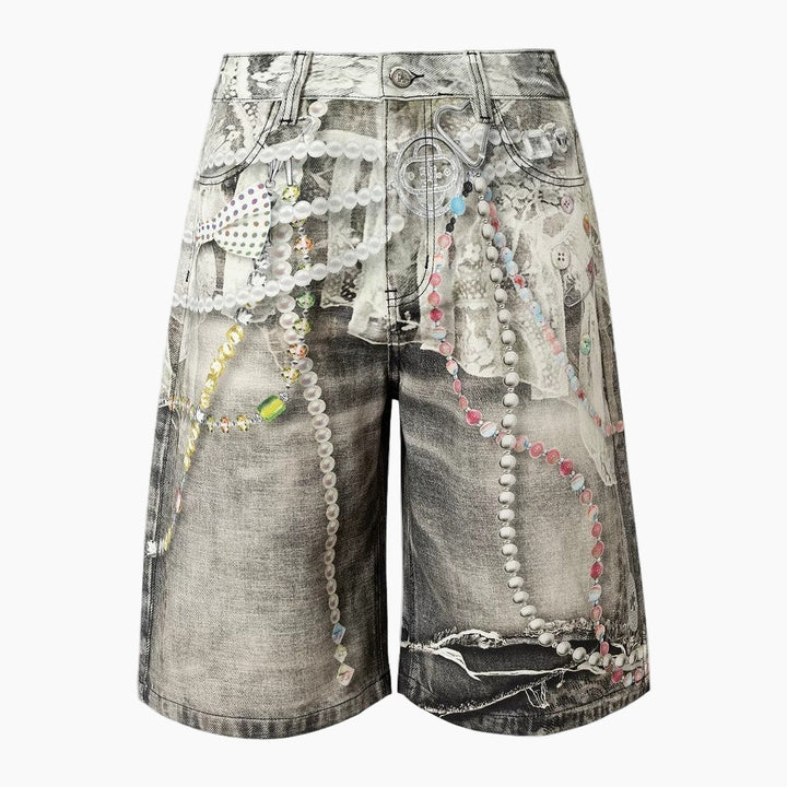 3D Pearl Chain Denim Shorts