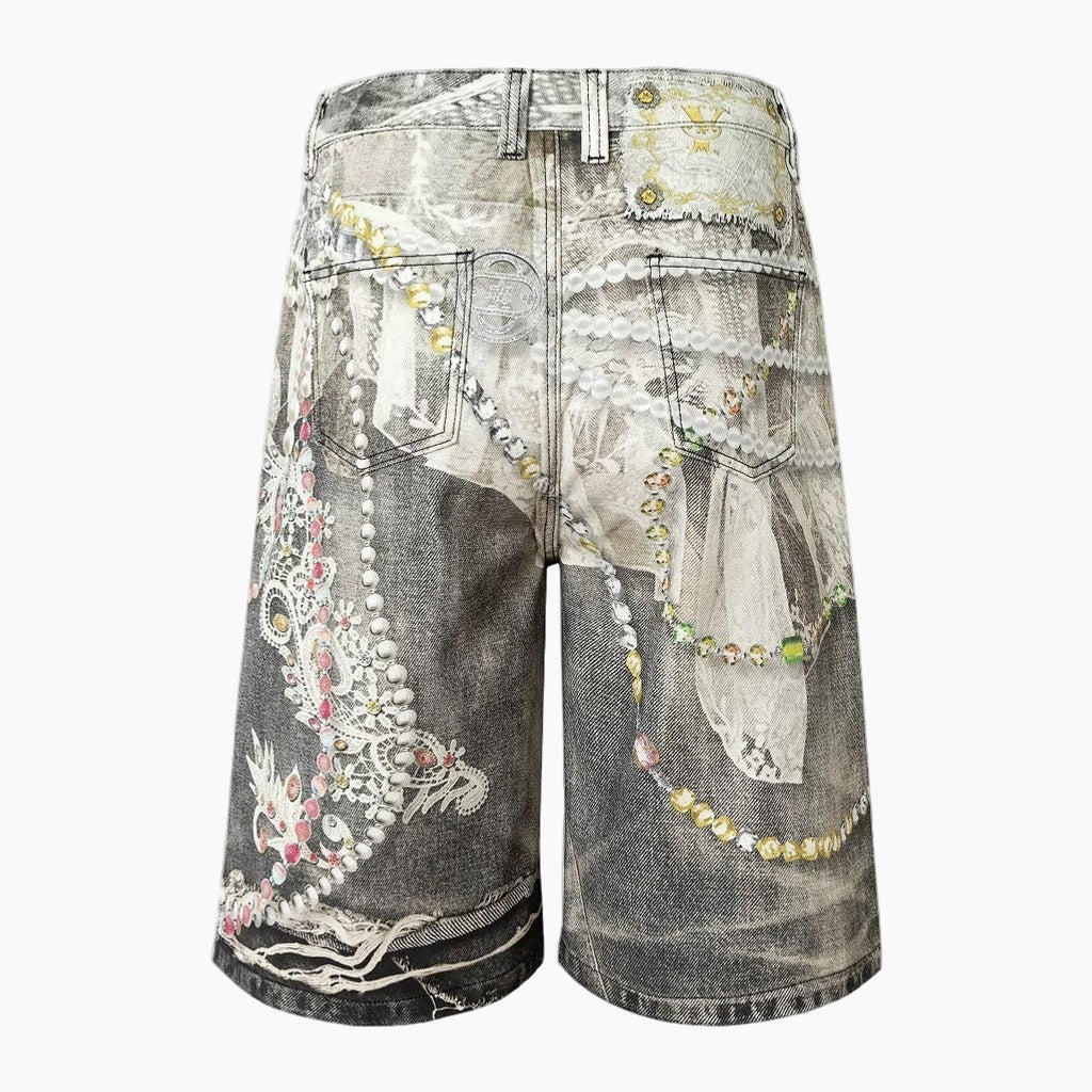 3D Pearl Chain Denim Shorts