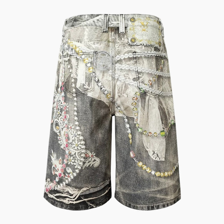 3D Pearl Chain Denim Shorts